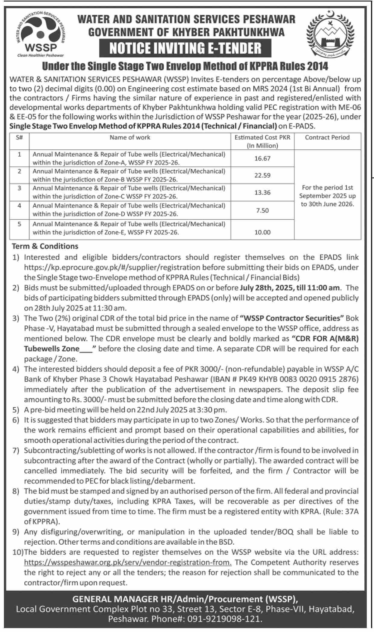 Water & Sanitation Services Peshawar Tender Notice